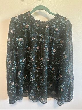 LOFT Black Floral Pintuck Long-Sleeve Blouse